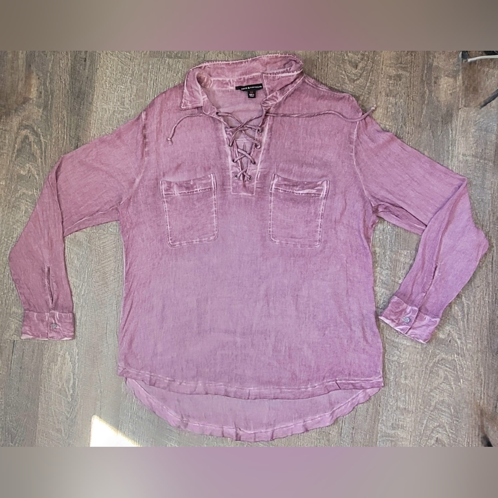 Rock & Republic Lace-Up V Neck High Low Tunic Womens XL Distressed Wine Long-sle - Picture 6 of 10